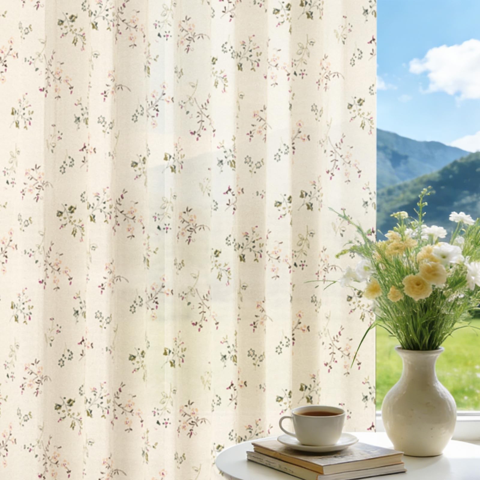 Linen Light Filtering Farmhouse Curtains 63 Inch Length 2 Panels, Floral Prin... gallery