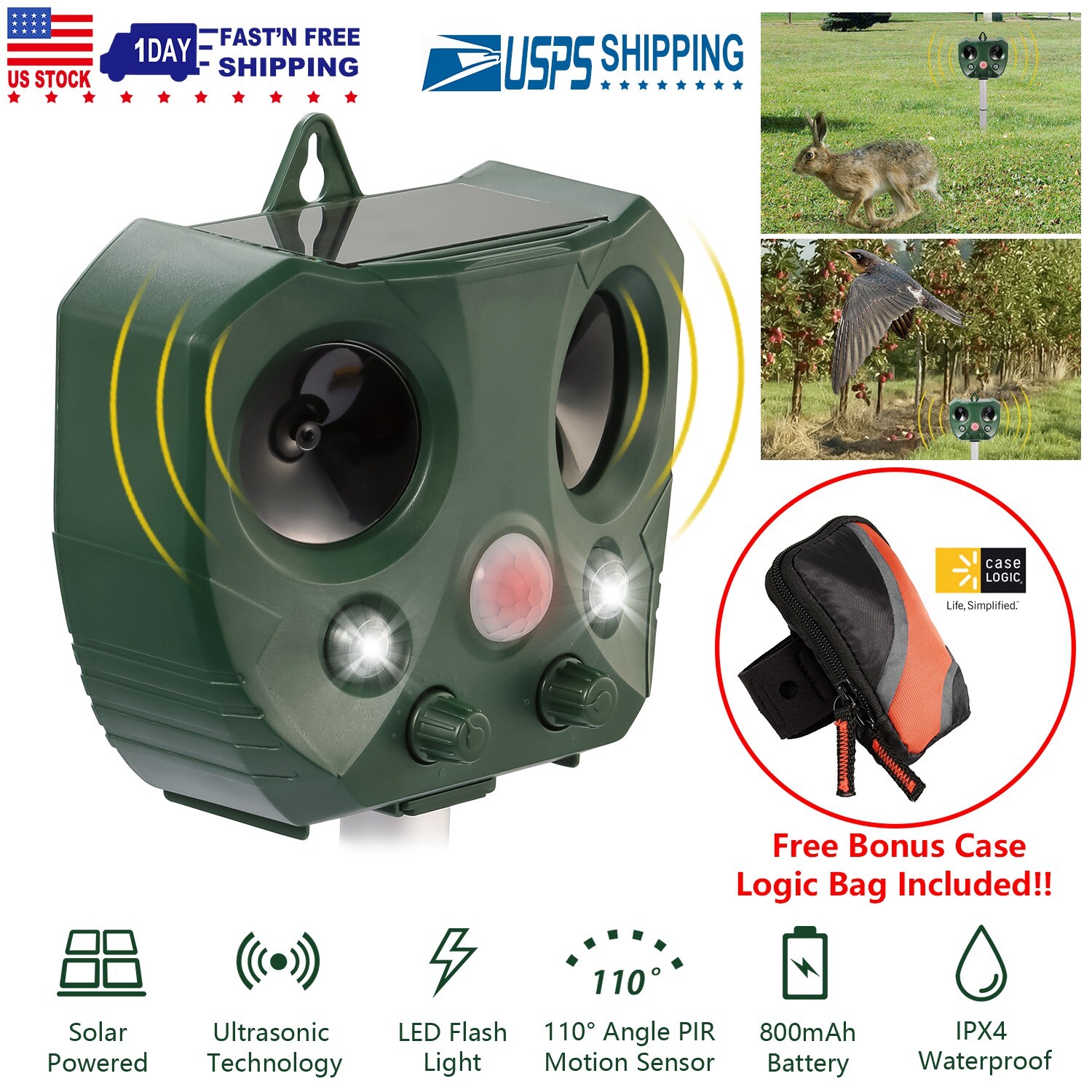 Solar Ultrasonic Pest Animal Repeller Cat Rodent Rat Squirrel Raccoon Control US gallery