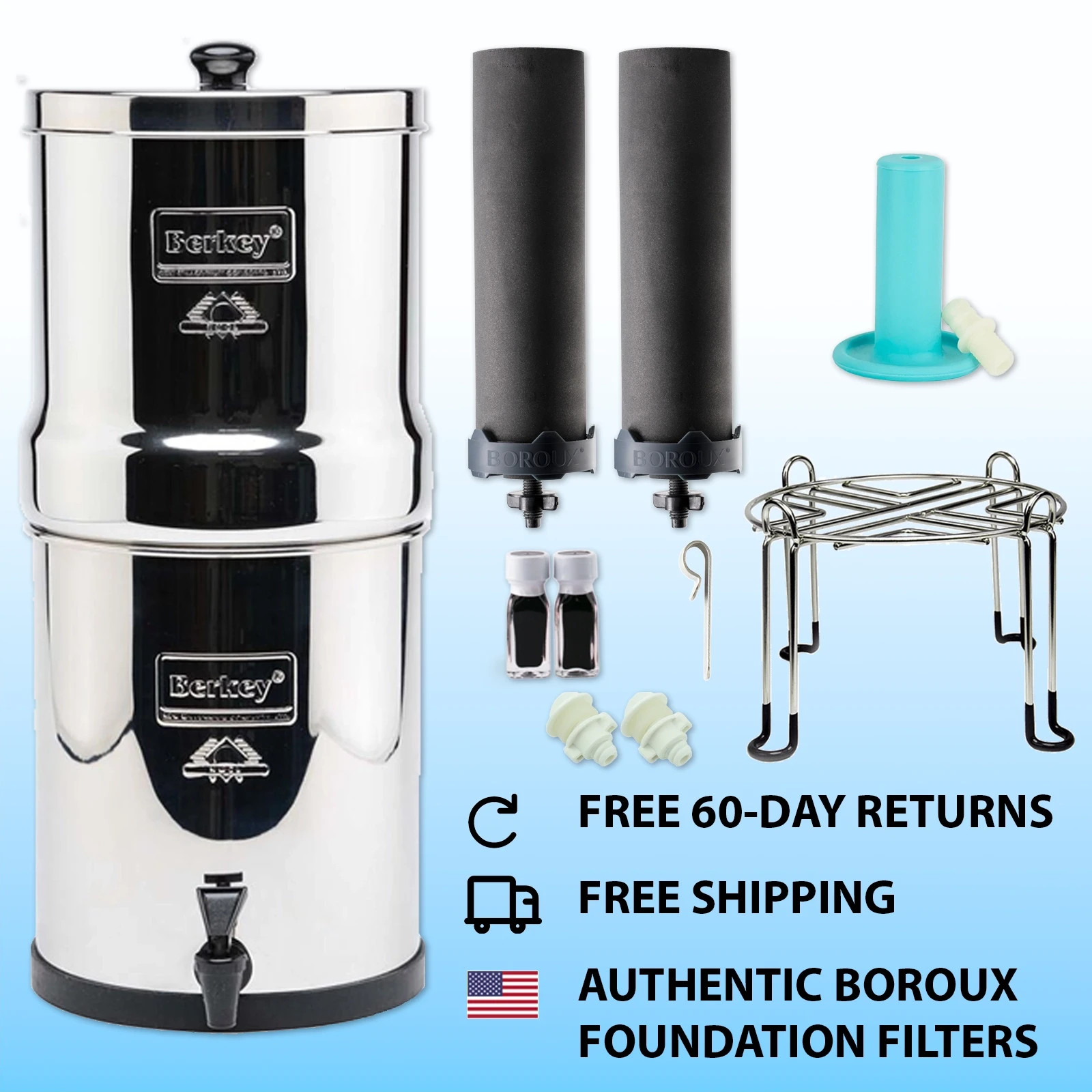 Berkey Water Filter System with 2 Boroux Foundation Black Filters and Stand gallery