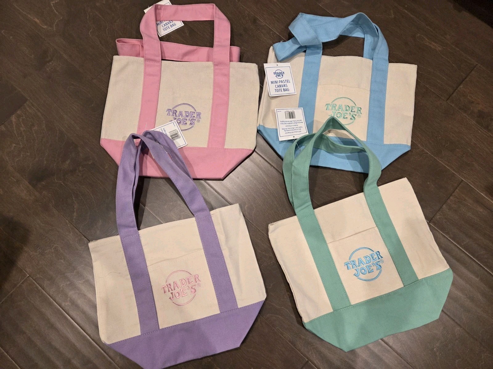 Trader Joe’s Mini Pastel Canvas Tote Bag Set Of 4 NWT Blue Green Pink Purple gallery