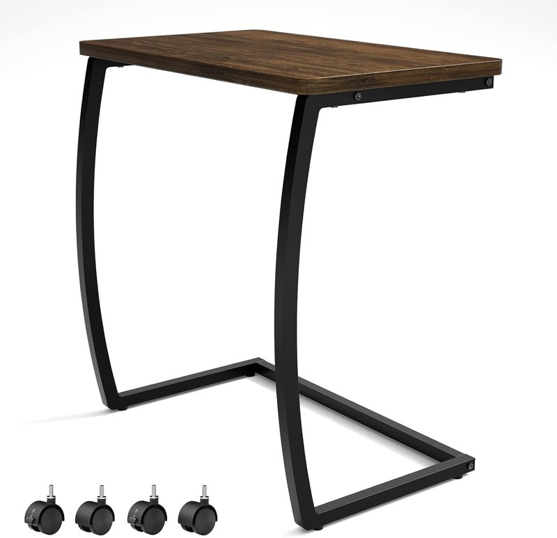 Stylish C-Shaped Rolling End Table in Rustic Dark Walnut for Modern Spaces gallery
