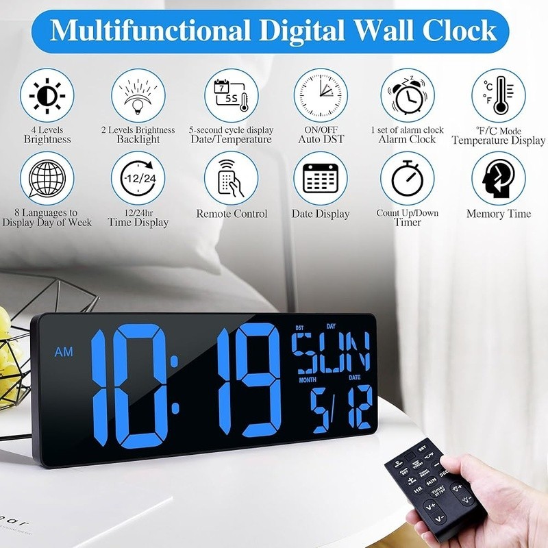 Extra Large LED Digital Wall Clock Auto Dimming Snooze Timer Remote Control gallery