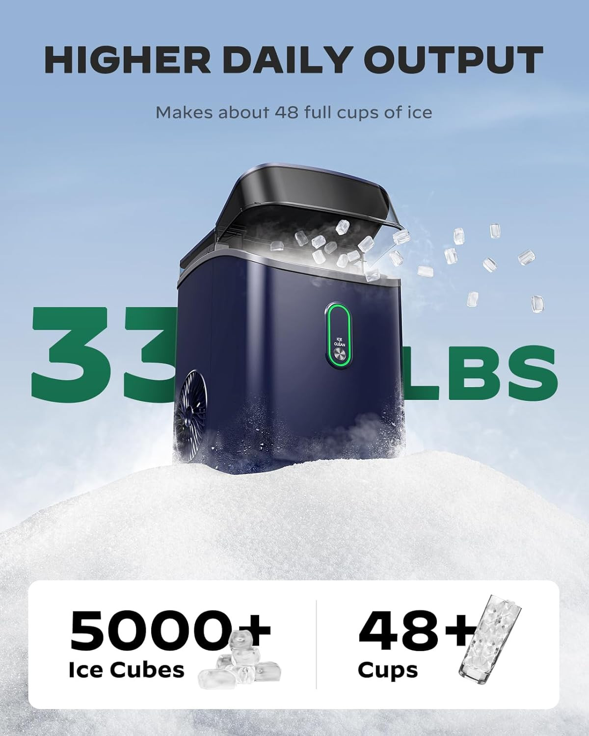 Countertop Nugget Ice Maker, Self-Cleaning, 33Lbs/24H, Blue for Home & Office gallery
