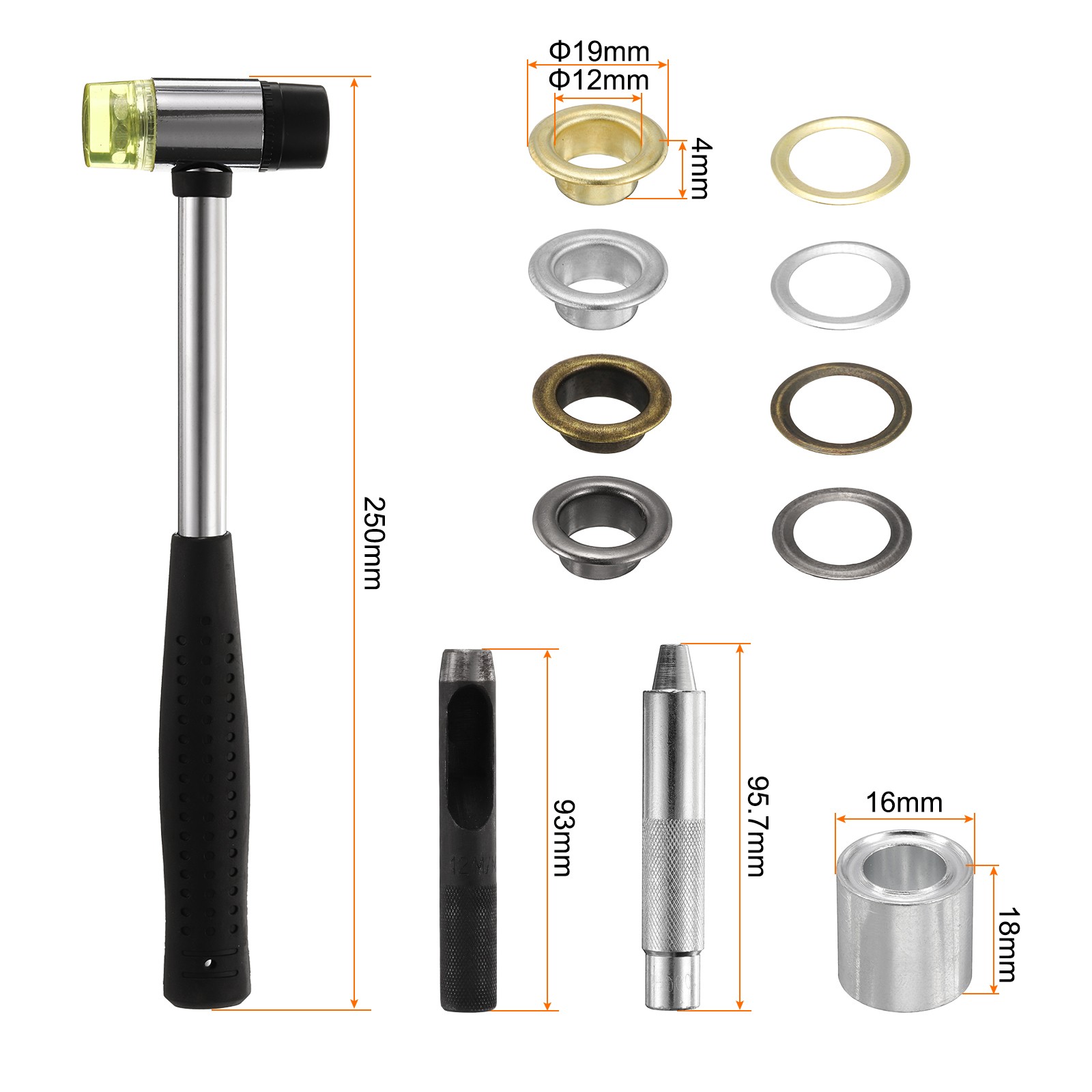 Grommet Eyelet Kit 100pcs 12mm Inner Dia with Tool, Gold,Silver,Gunmetal,Bronze gallery