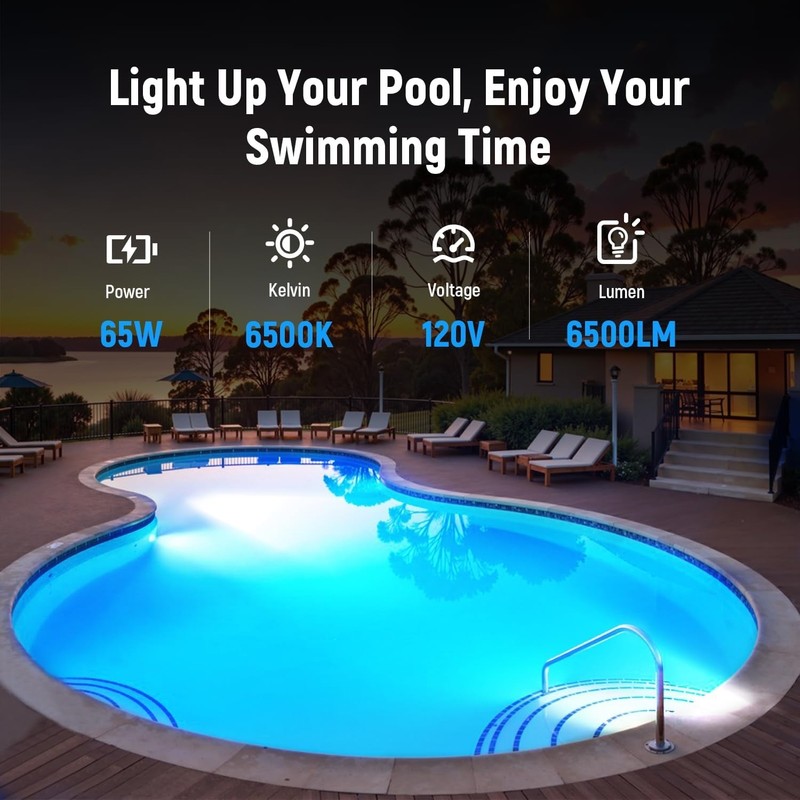 LED Pool Light for Inground Pool 120V 65W White 6500K 6500lm Replace Halogen gallery