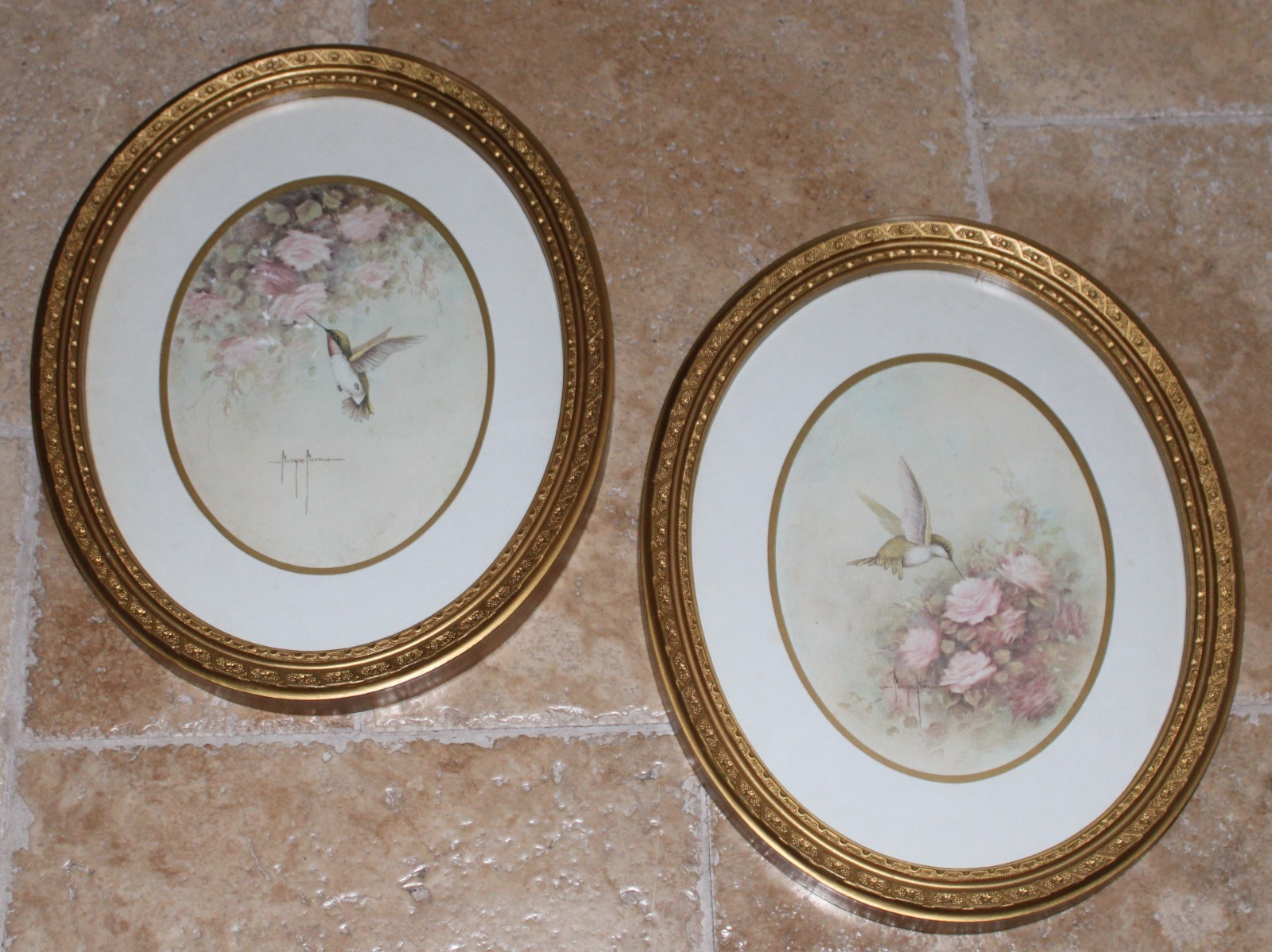 Pair Vtg CottageCore Gold Framed Hummingbird Prints Margie Morrow Home Interior gallery