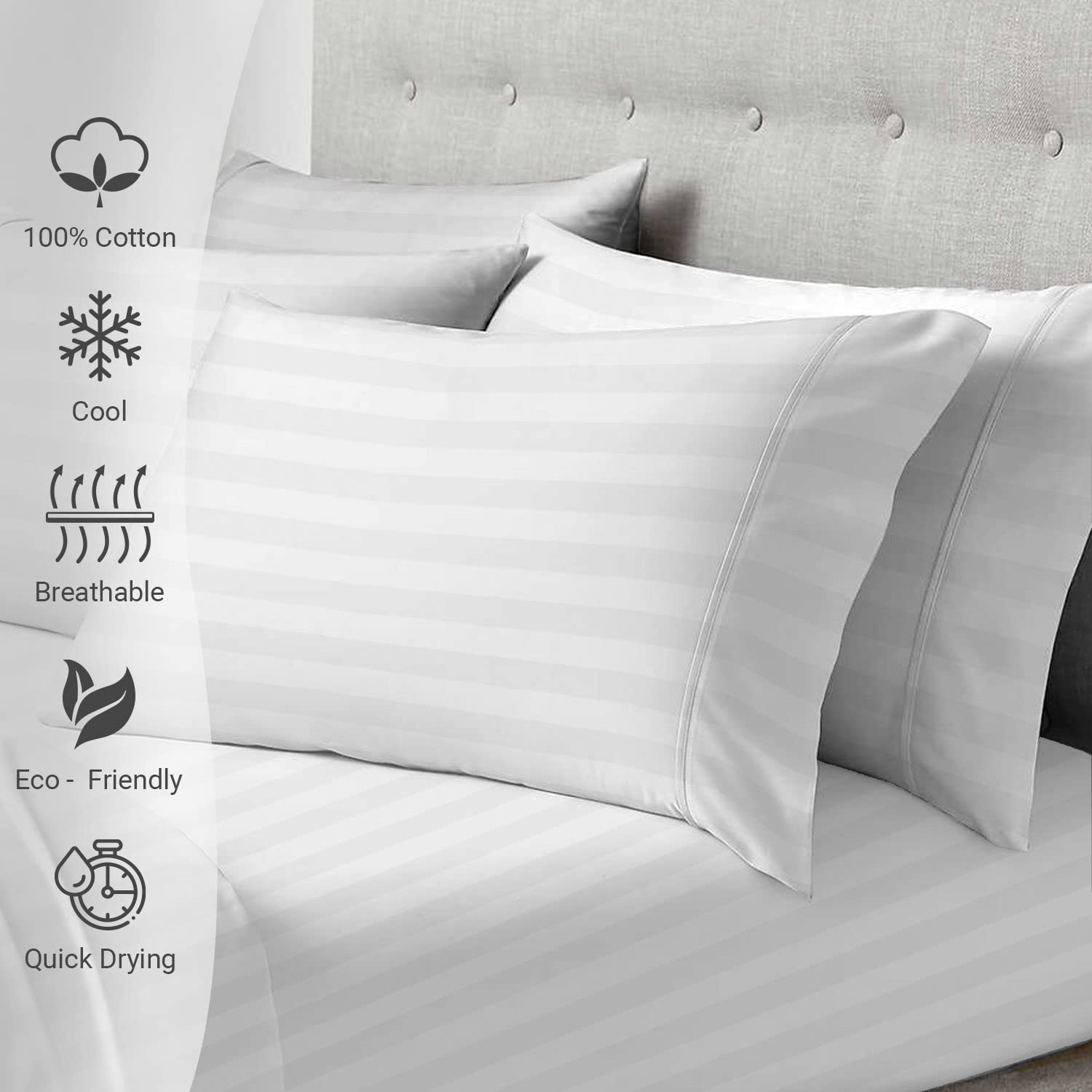 100% Cotton Pillow Cases Queen Size Set of 2 Stripe Luxury White, 300 Thread ... gallery
