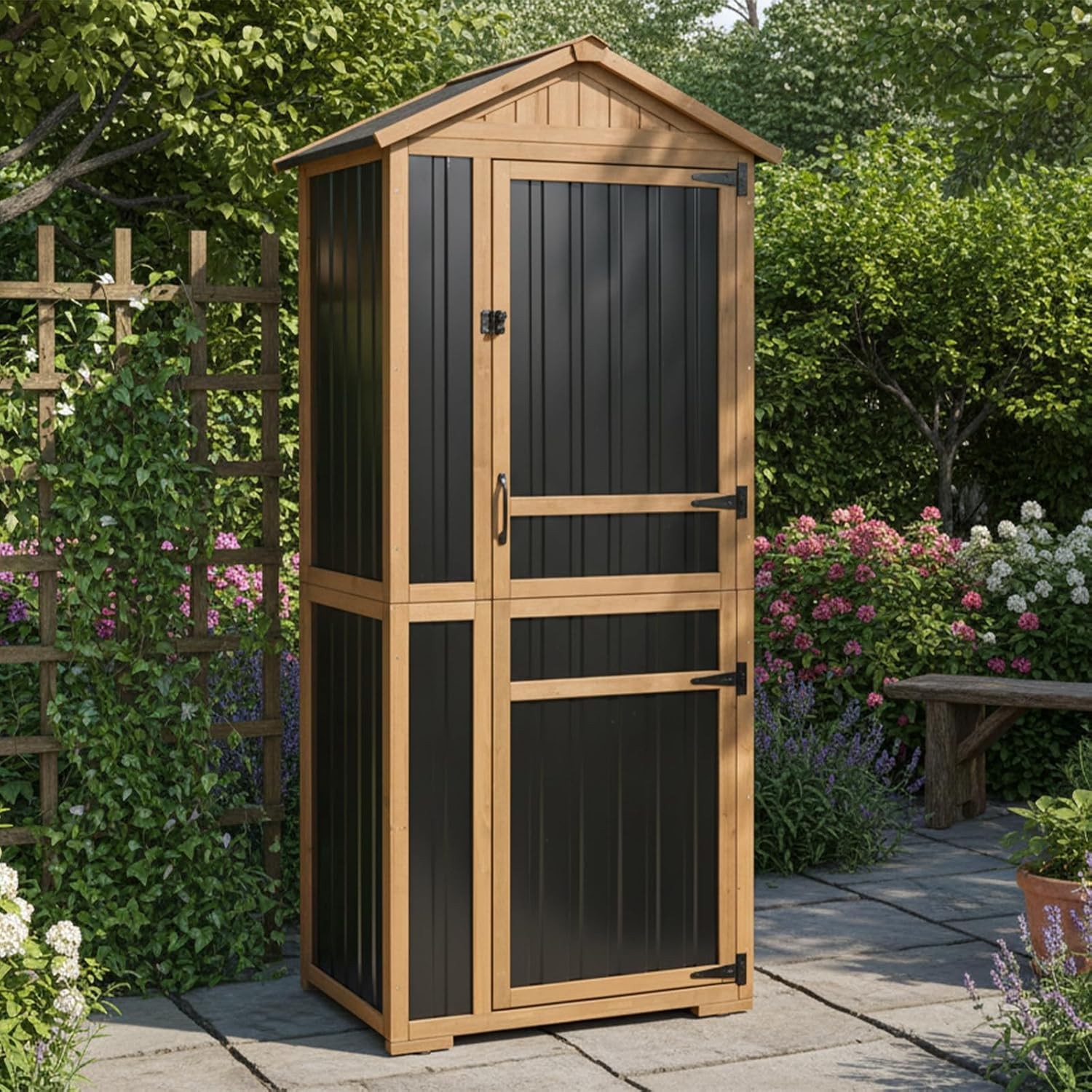PETSCOSSET Outdoor Storage Cabinet,Wood&Metal Garden Shed with Removable Shelves gallery