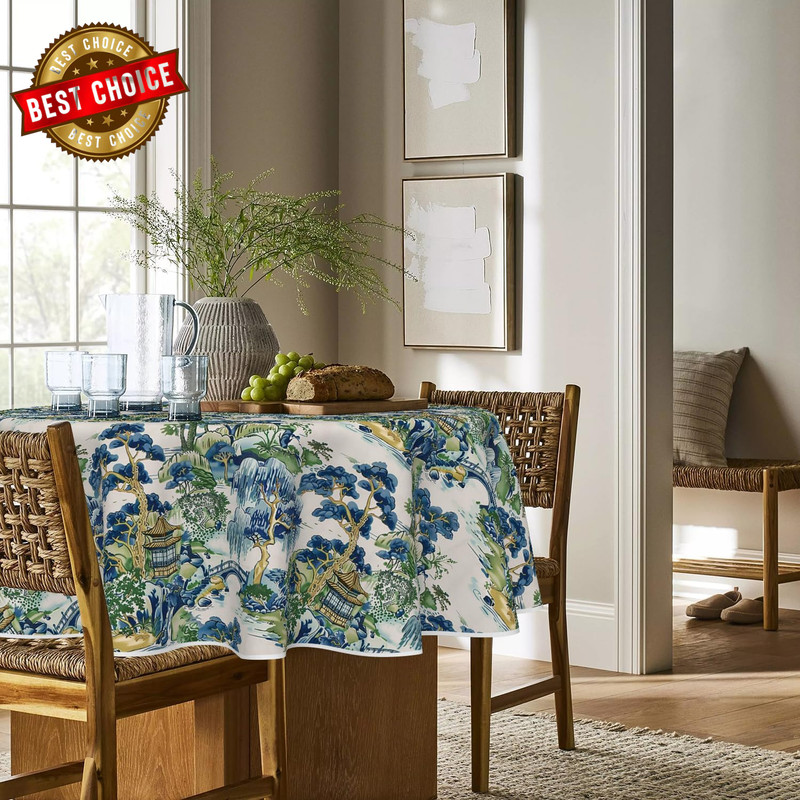 Decorativear Tablecloth 90×90 Inch Round, Seasonal House Trees Vintage Style Mou gallery