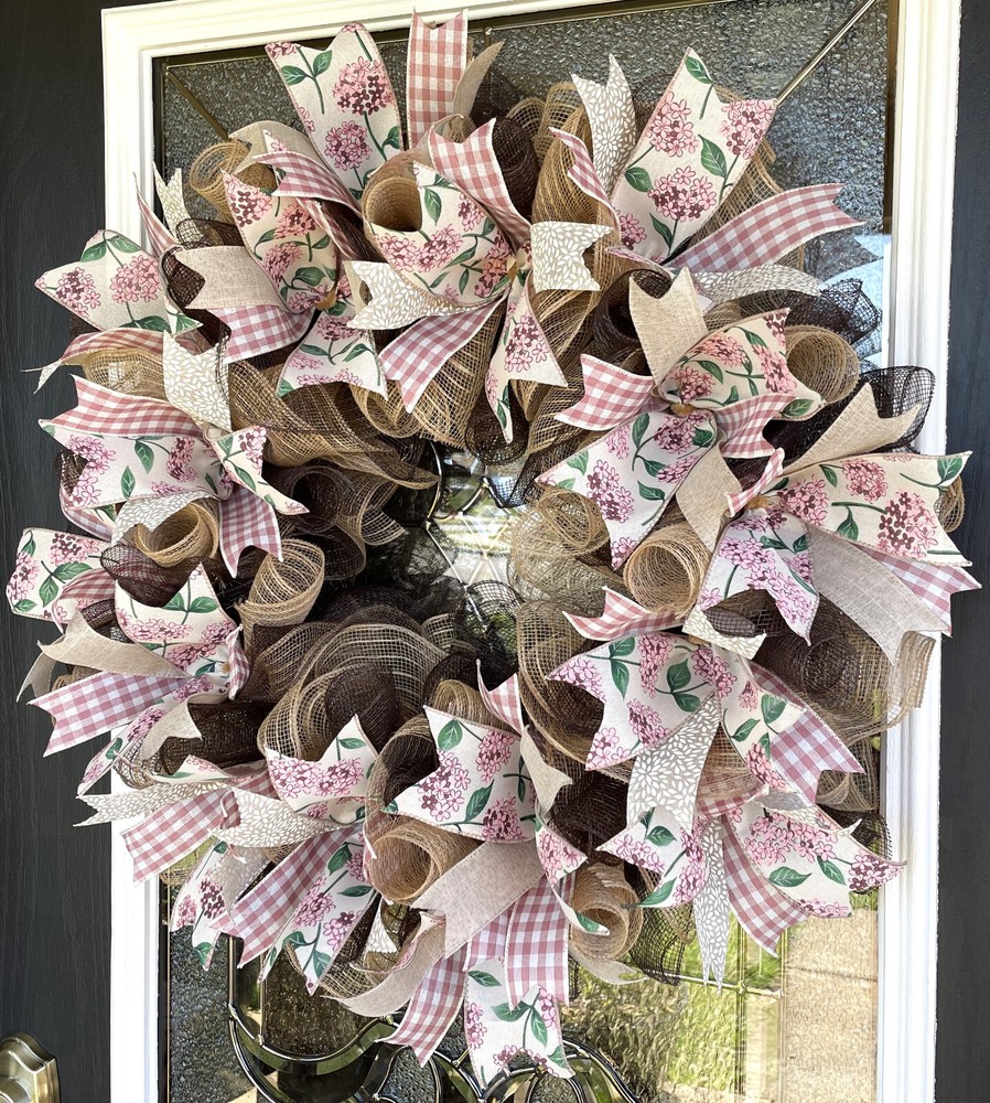 Hydrangea Gingham Spring Summer Fall Deco Mesh Wreath, Farmhouse Cottage Decor