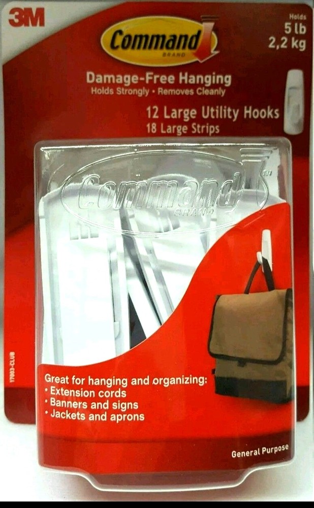 3M Command Damage-Free Hanging 5 lb 12 large utility hooks 18 large strips
