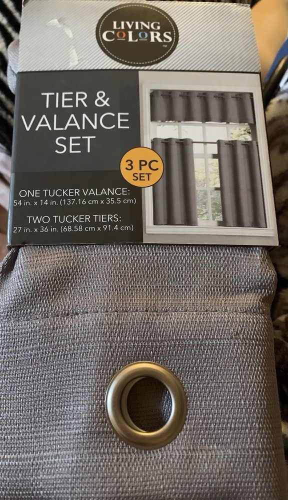 Living Colors Gray Polyester Tier & Valance Set Modern 3PC 54x14 27x36 Solid