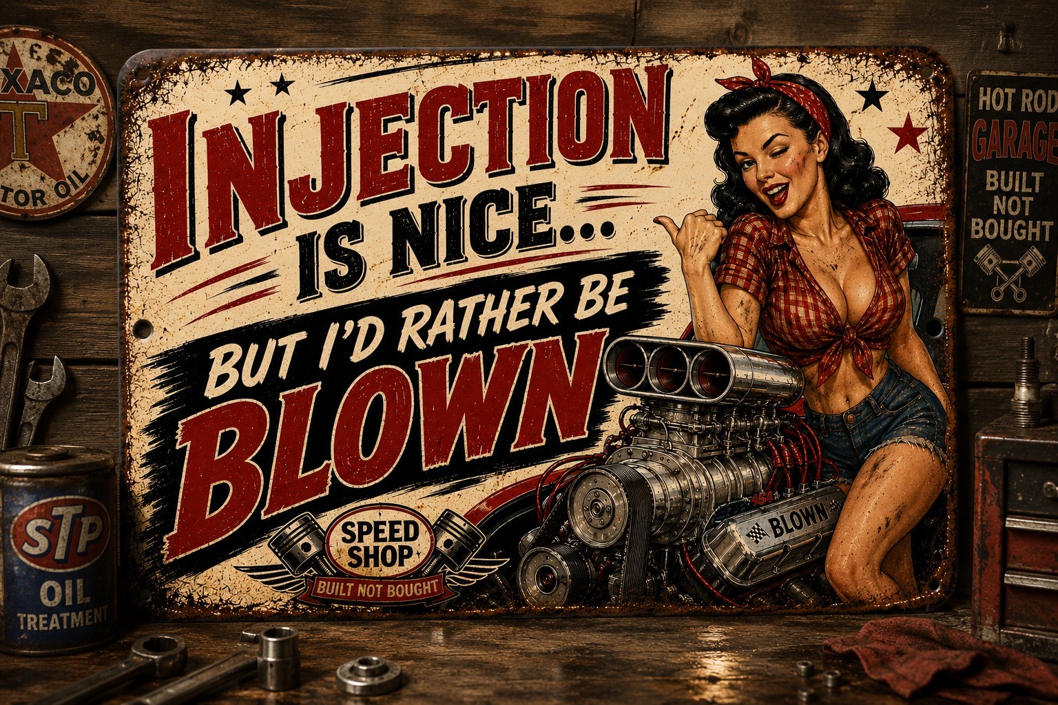 Injection Is Nice But I'd Rather Be Blown Funny Car Garage Metal Sign 8x12 gallery