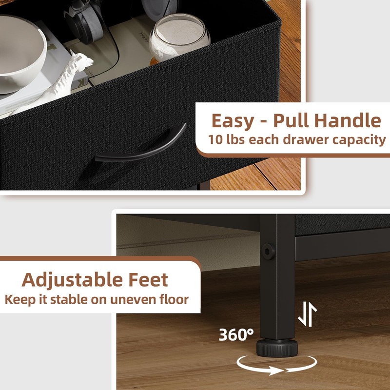 Nightstand 2 Drawer End Table Bedside Storage Fabric Bins Rustic Brown Black gallery