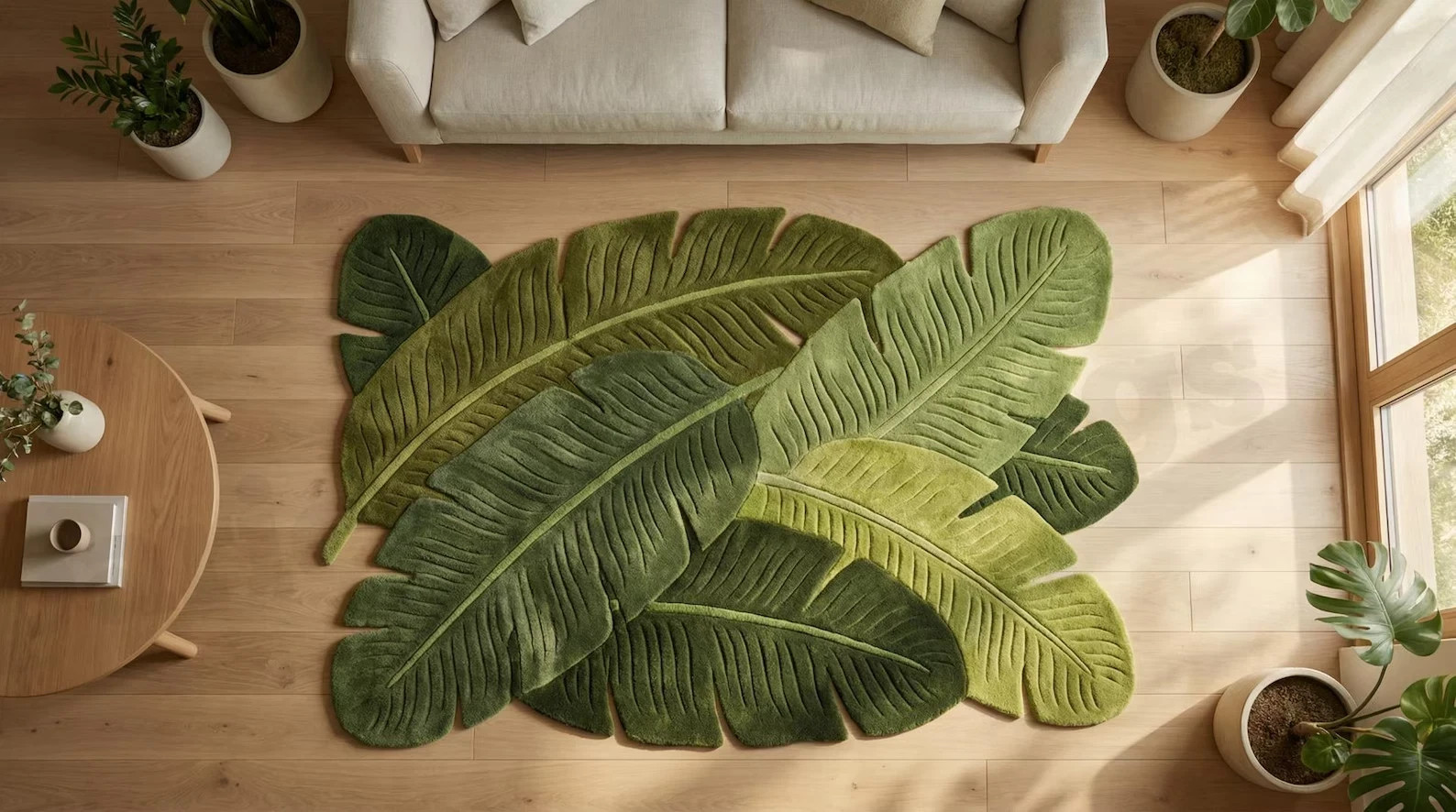Hand Tufted Green Leaf Shape Wool Rug | Tropical Botanical Modern Area Carpet gallery