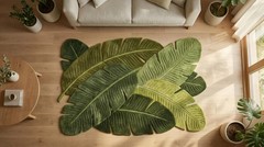 Hand Tufted Green Leaf Shape Wool Rug | Tropical Botanical Modern Area Carpet