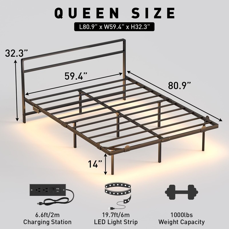 Queen Floating Bed Frame with Headboard, Modern Platform Bed Frame with LED Ligh gallery