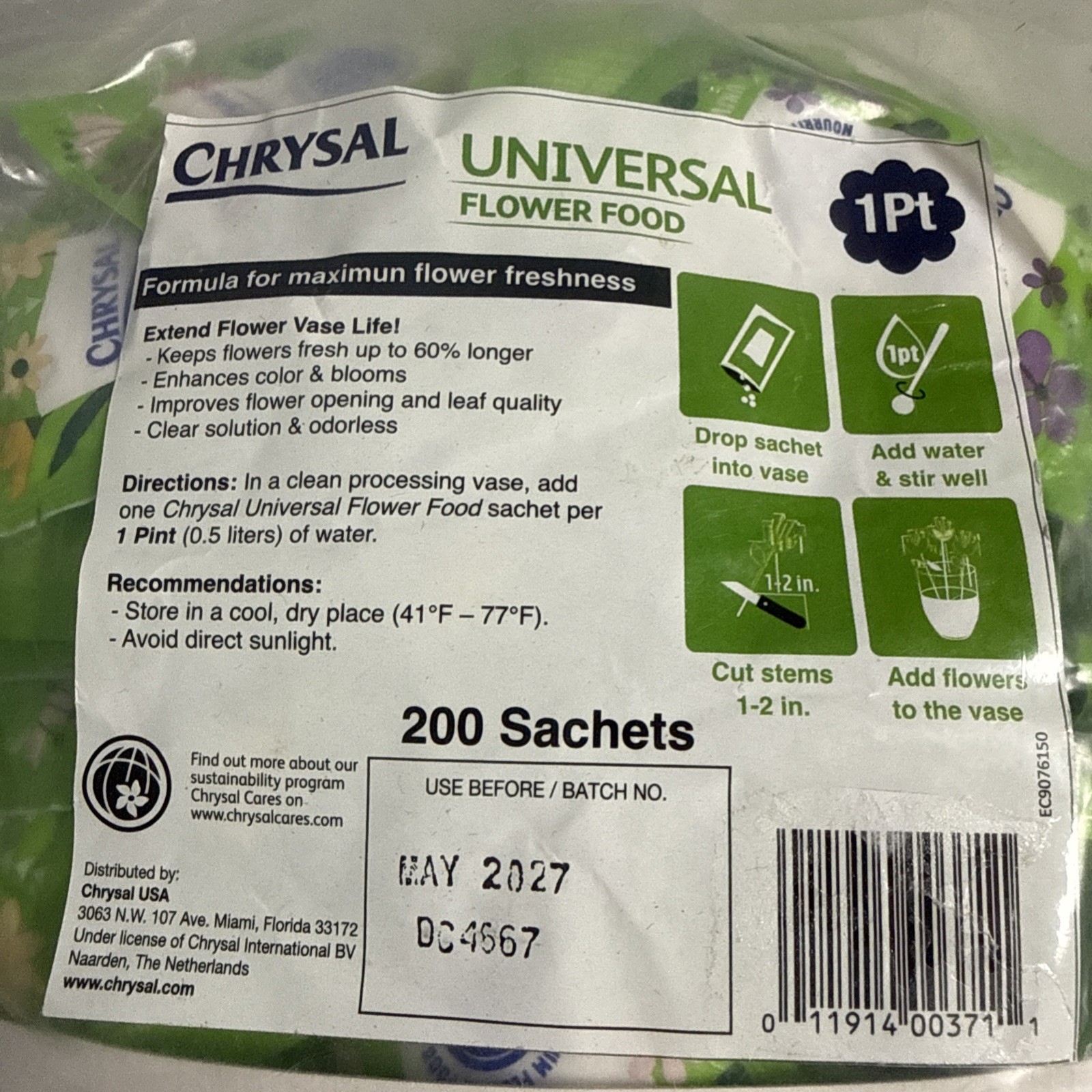 Chrysal Universal Flower Food Fertilizer 5g Sachets 200 Count Bag Cut Flowers gallery