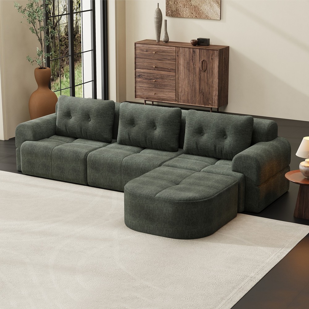 Modular Sectional Sofa with Chaise, Full-Foam, Woven Fabric, Blackish Green