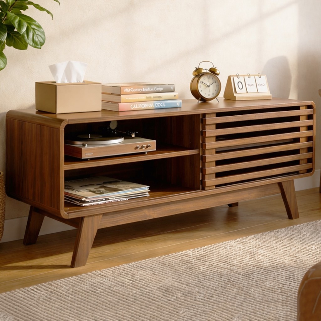 Low Profile Mid Century Modern TV Stand Slatted Sliding Door Media Console table gallery