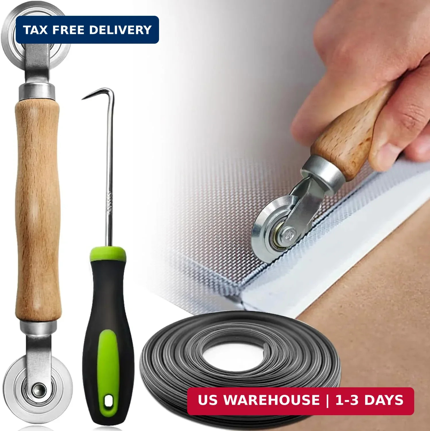 3in1 Window Screen Repair Kit Roller Tool w/ 32FT Spline & Hook gallery