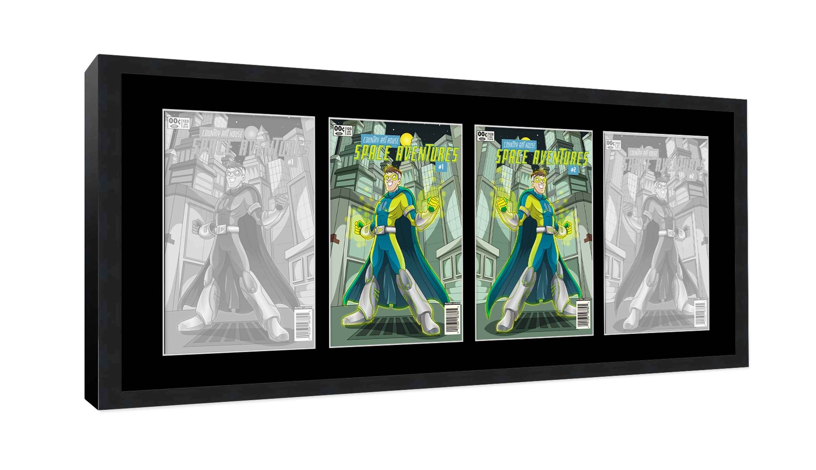 Black Comic Book Frame W/ Black Mat For 4 Bronze Age Comics Horizontally gallery