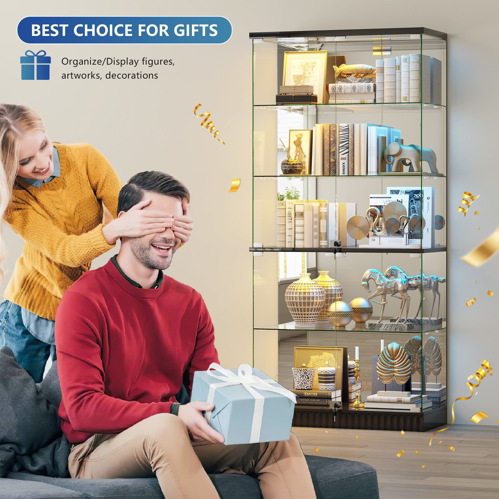 Glass Display Cabinet with RGB Lights, Clear Display Case with Human Body Sensor gallery