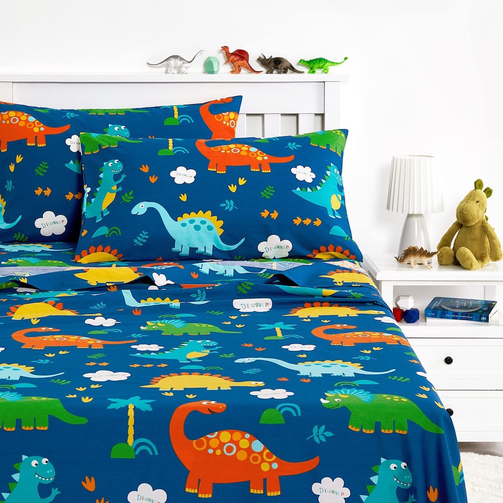 Wake In Cloud - Dinosaur Bed Sheets for Boys, 100% Cotton, 4-Piece Sheet Set Kid