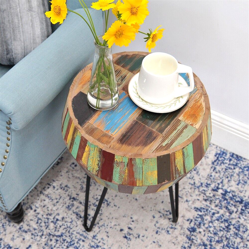 Greenage Side End Table Solid Reclaimed Wood Nightstand Round 3D Round 22" H gallery