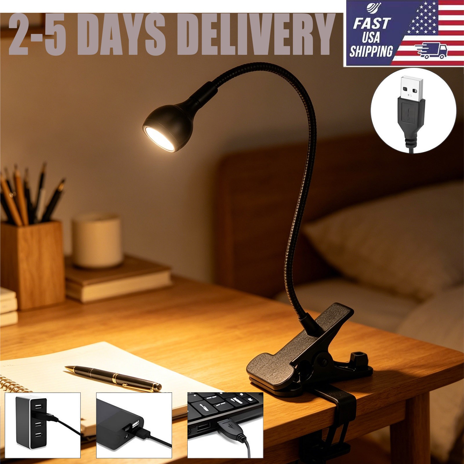 USB Reading Light Flexible LED Light Laptop Clip on Bed Desktop USA Black gallery
