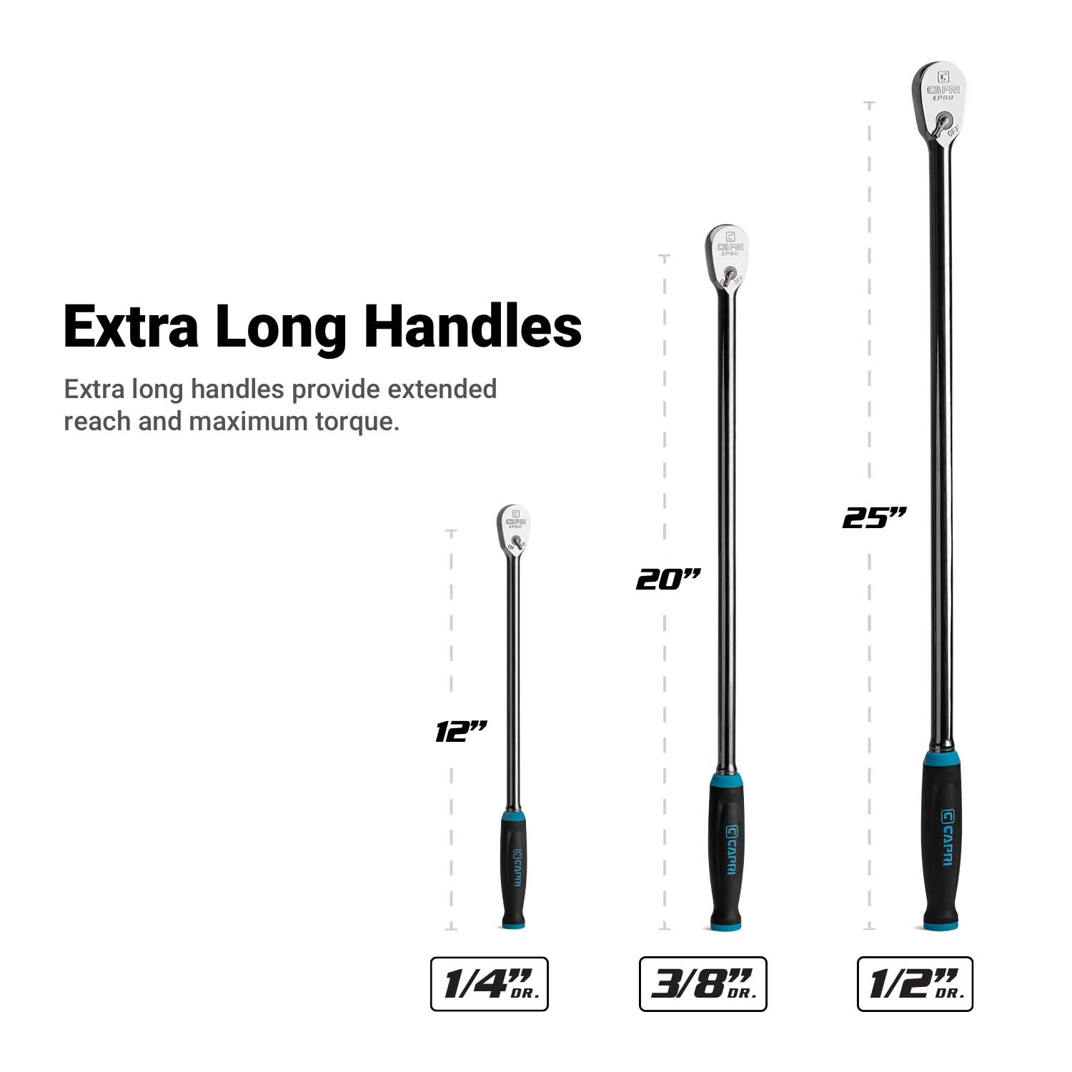 Capri Tools Fine 90-Tooth Ratchet, Extra Long Handle, 1/4, 3/8, 1/2-in Drive gallery