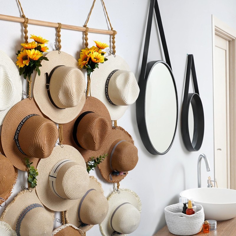 Macrame Hat Organizer Rack for Wall 15 Clips 31x66in Large Fedora Hat Hangers... gallery