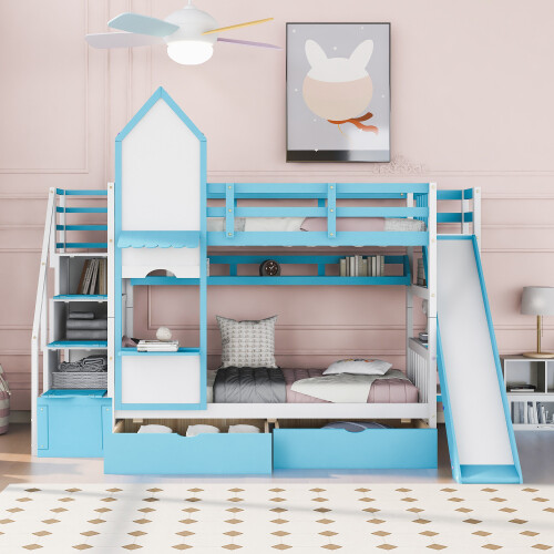 Solid Wood Bunk Bed w/ Slide Storage Drawers Staircases Twin Full Size Bed Frame gallery