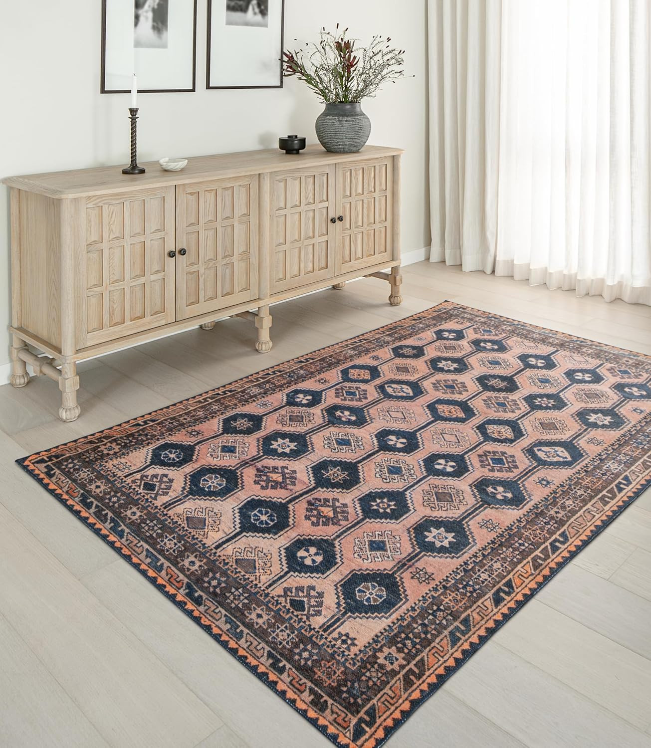 Blush Pink & Navy 5' x 8' Area Rug - Easy Clean, Pet & Kid Friendly gallery