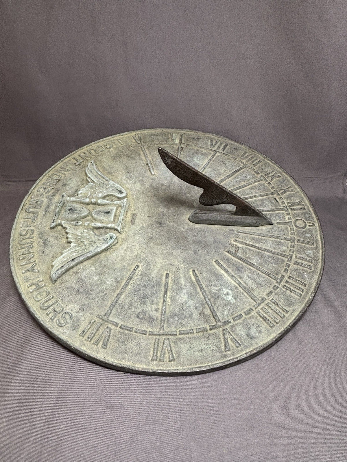 VTG BRASS 9” Sundial I Count None But Sunny Hours Winged Hourglass Garden Patina gallery