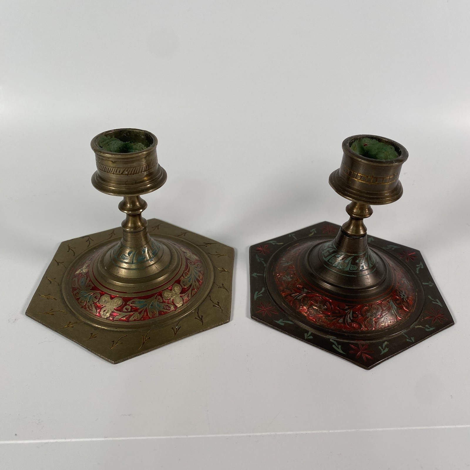 Vintage Indian Enamel Metal Candlestick Pair Hexagon Multicolor Tabletop Decor gallery
