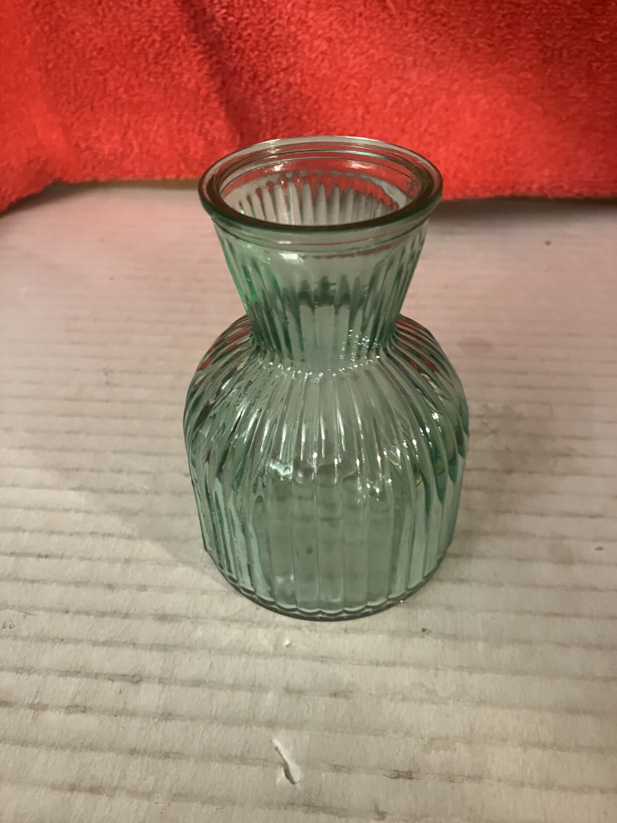 LIGHT TEAL GREEN BOTTLENECK VASE RIBBED WITH CHIFFON RIBBON 4” DWK126 gallery