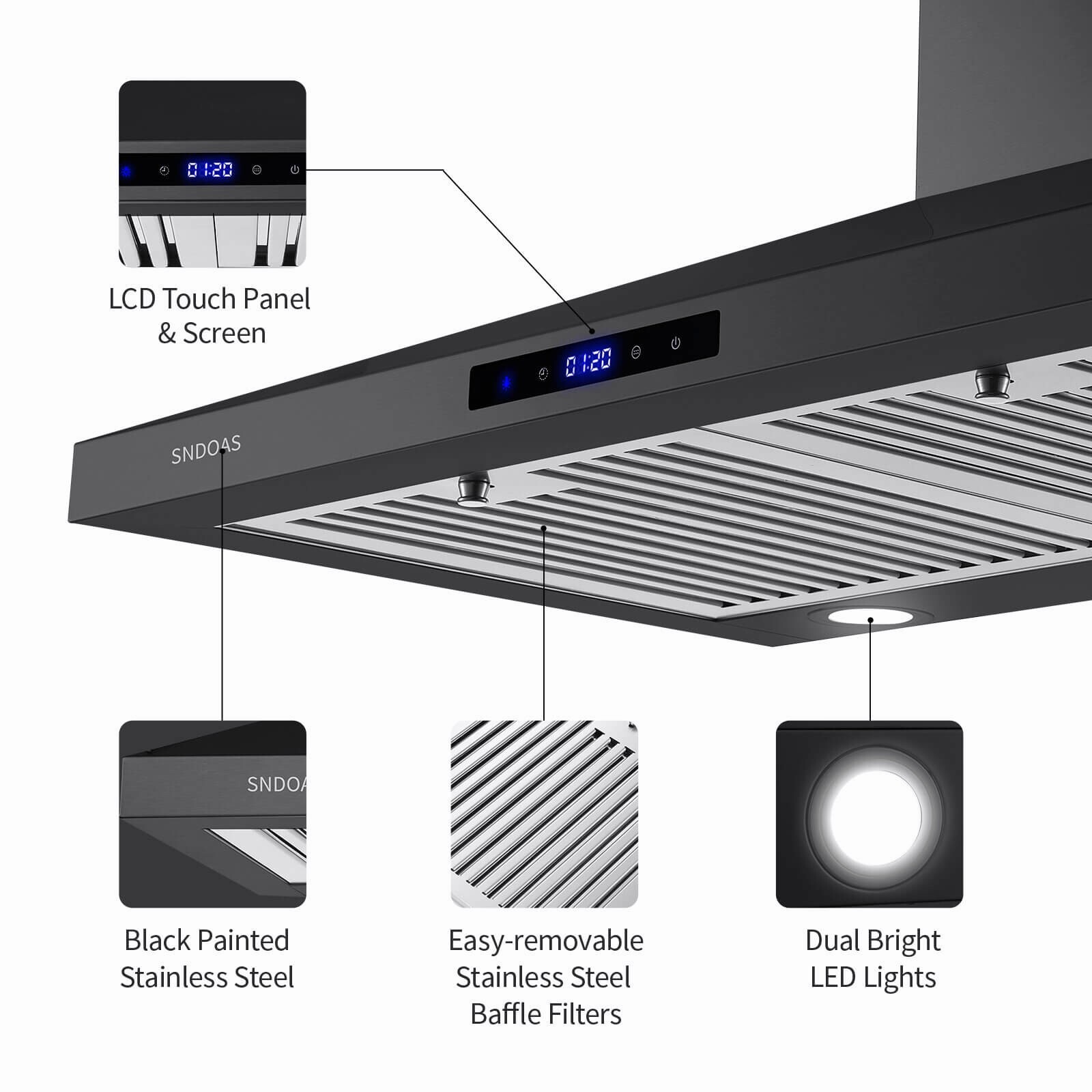 Wall Mount Range Hood 30 inch Kitchen Black Stainless Steel 3-Speed Touch Panel gallery