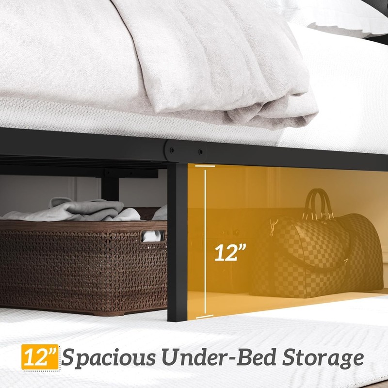 Queen Bed Frame Upholstered Button Tufted Headboard Platform Metal Slats Support gallery