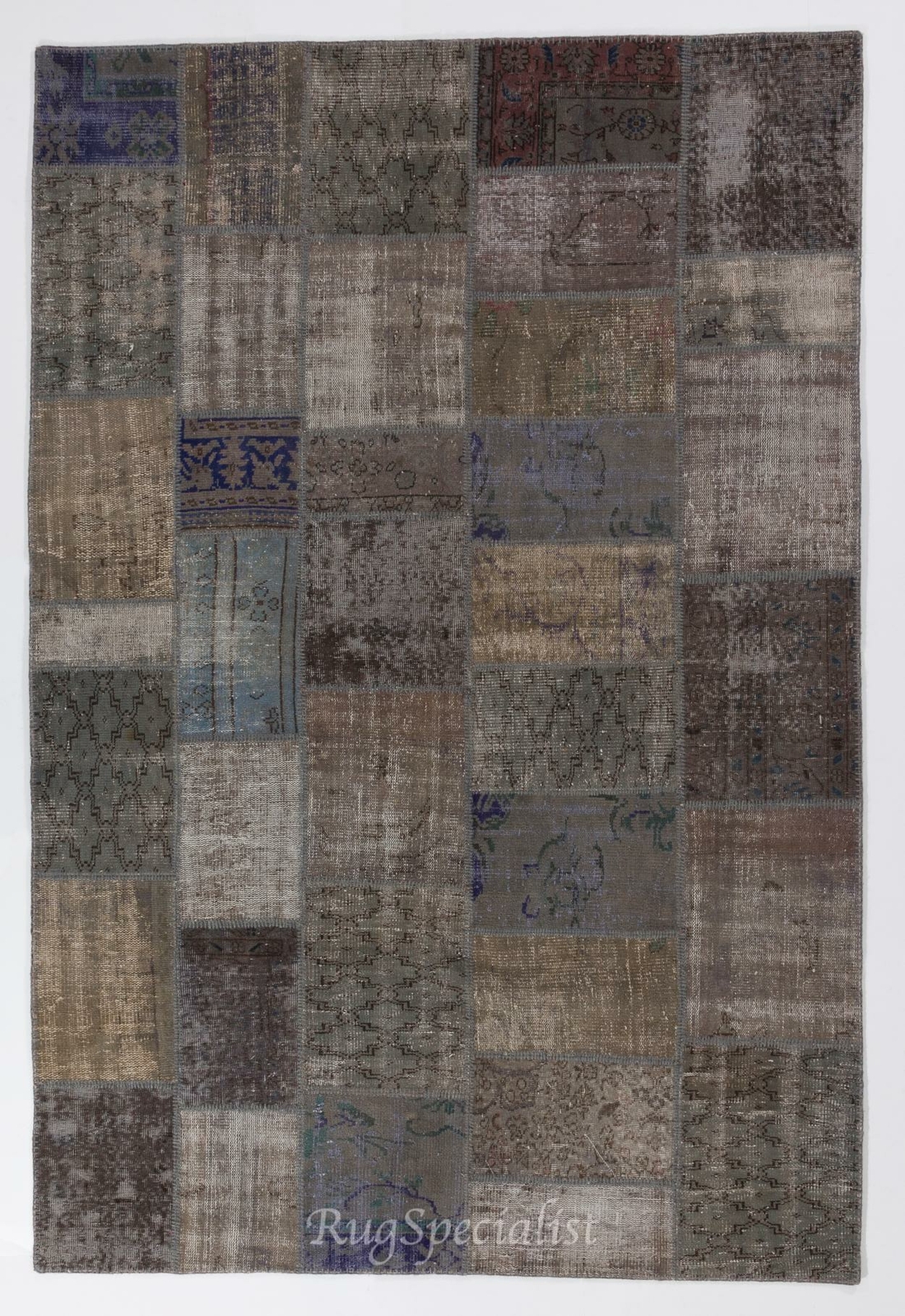 Contemporary Handmade Turkish Patchwork Rug in Shades of Gray, Brown and Blue gallery