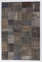 Contemporary Handmade Turkish Patchwork Rug in Shades of Gray, Brown and Blue
