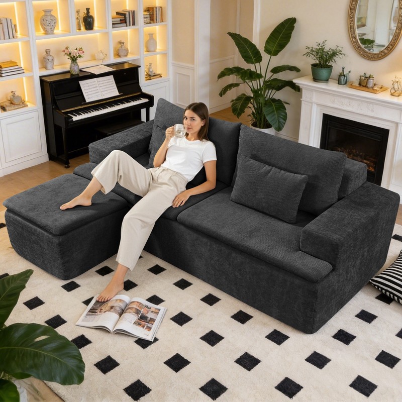 83" L-Shape Modular Sectional Sofa Corduroy Boneless Couch with Movable Ottoman gallery