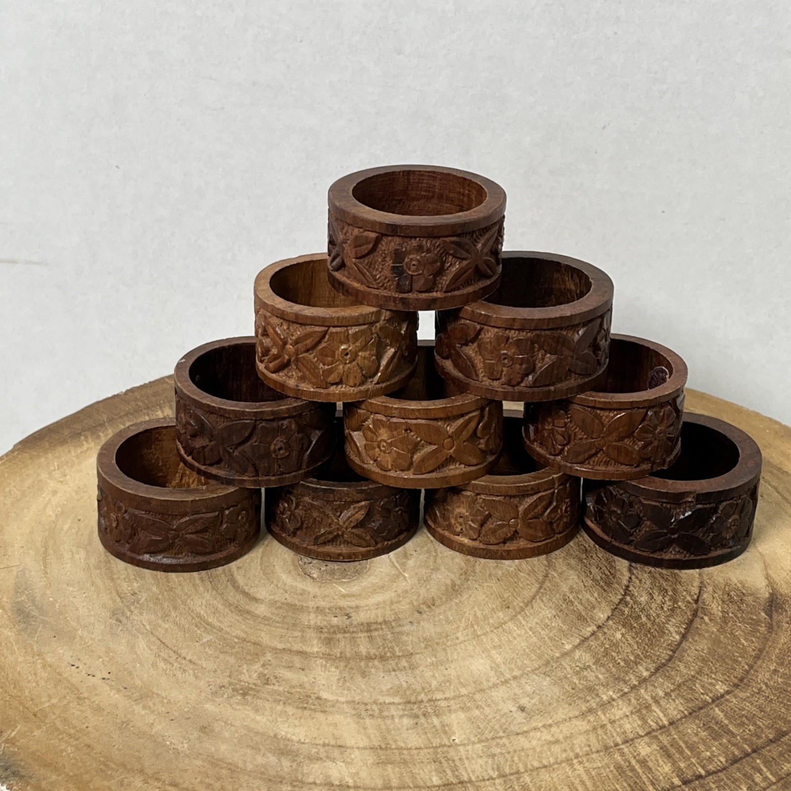 Vintage Napkin Rings Holders RETRO Boho Hand CARVED Wood India Set Of 10 gallery