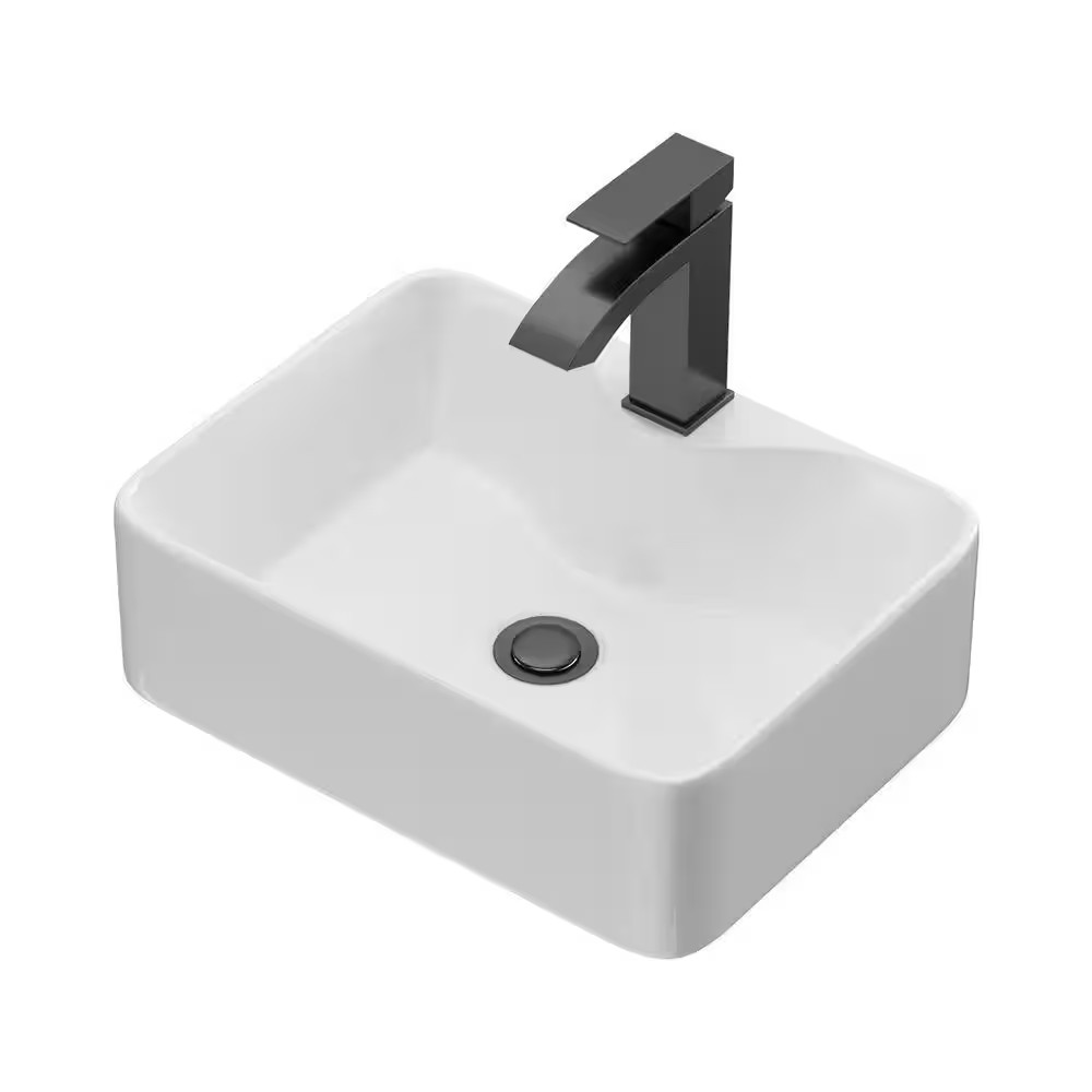 16 In. Rectangular Bathroom Ceramic Vessel Sink Basin in White with Black Faucet
