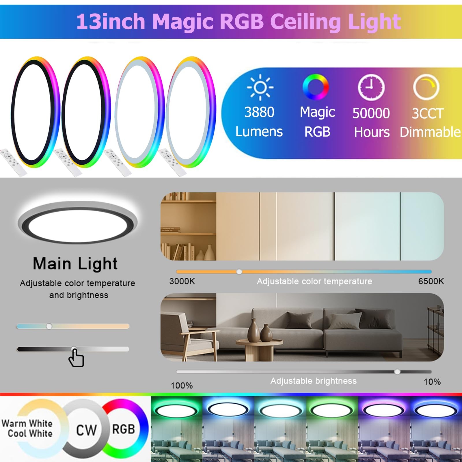 Stayofa 13Inch Magic RGB Flush Mount Led Ceiling Light,34W 3400LM Dimmable wi... gallery
