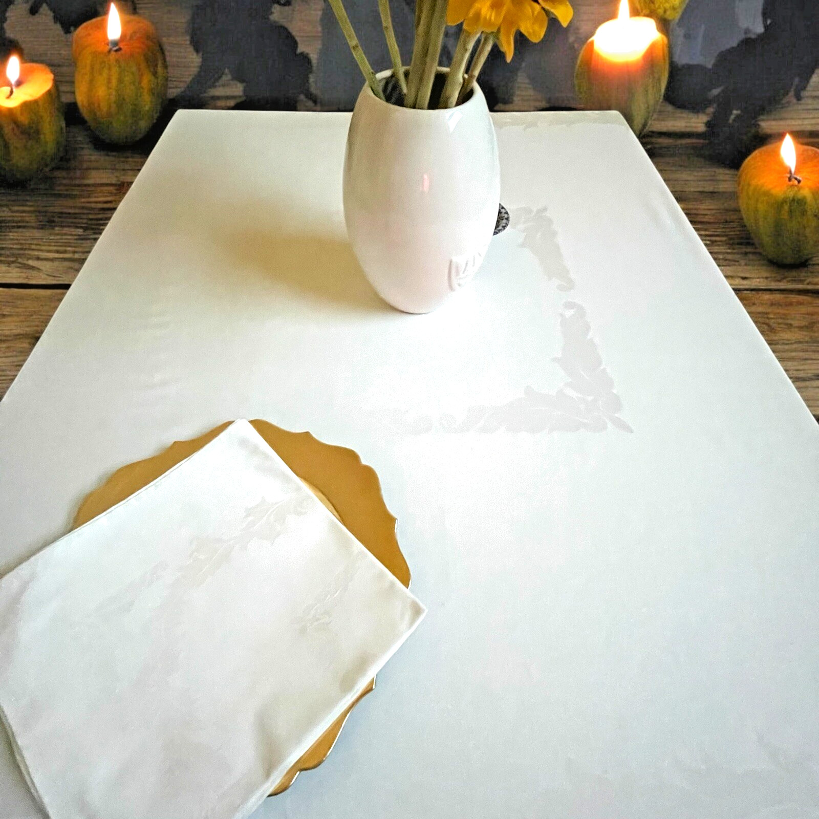 Tablecloth 64” square White Baroque Damask , Restaurant, wedding, communion gallery