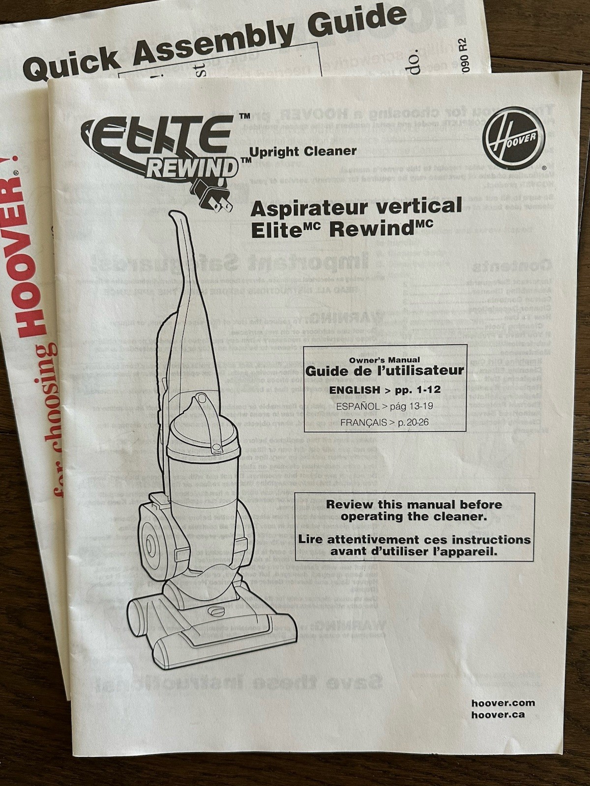 USER MANUAL for Hoover ELITE REWIND Upright Vacuum Cleaner owner English Spanish gallery