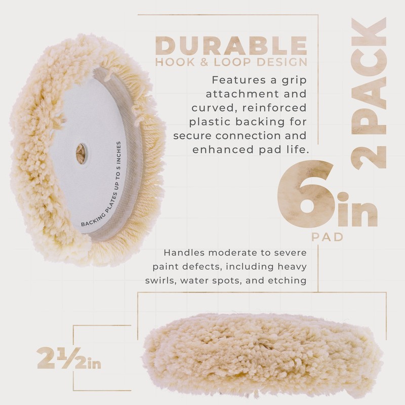 6" 100% Wool Hook & Loop Grip Buffing Pad for Compound Cut & Polishing 2 Pack gallery
