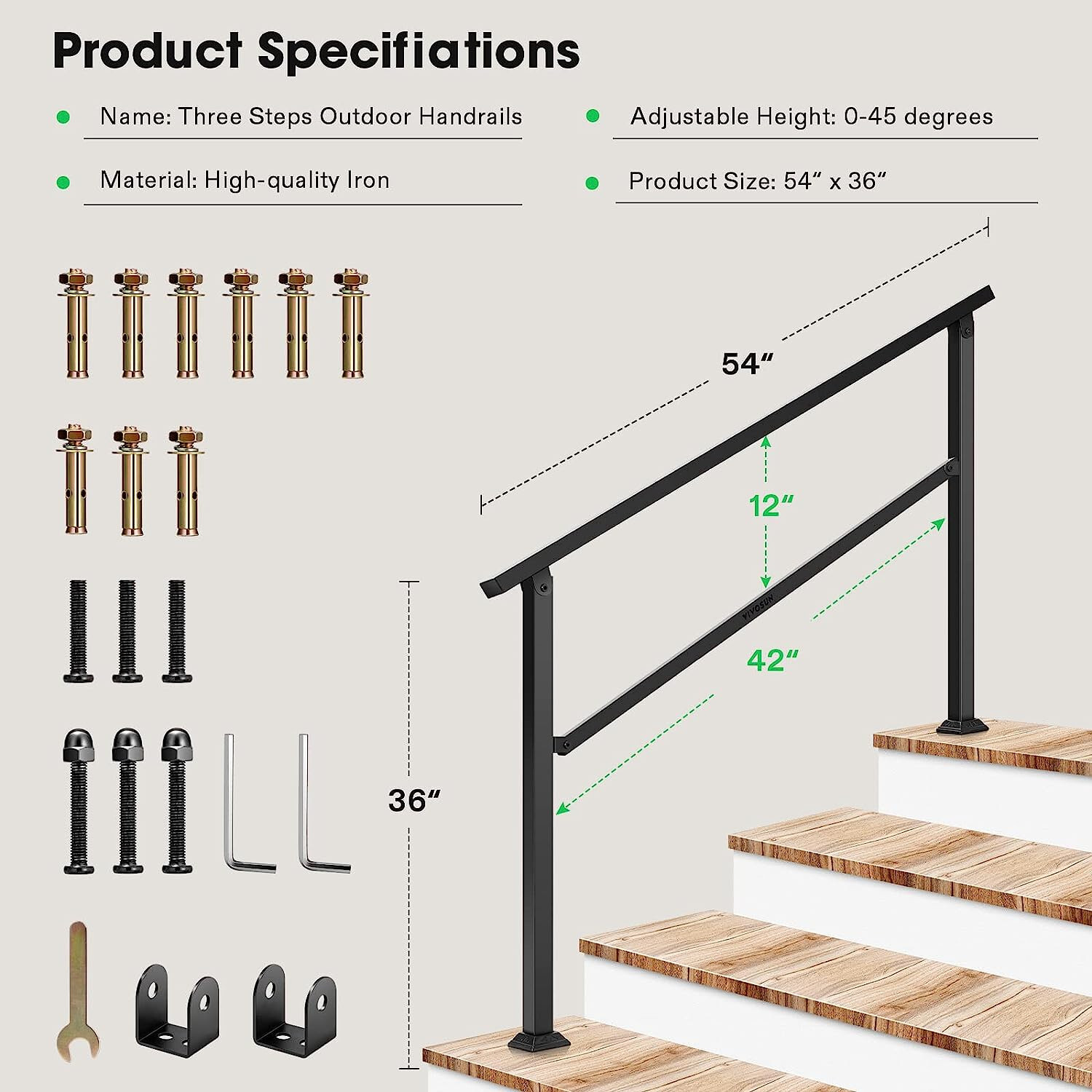 Vivosun 2Pack 4 Step Wrought Iron Handrail Stair Railing,30" Adjust High,54"x36" gallery
