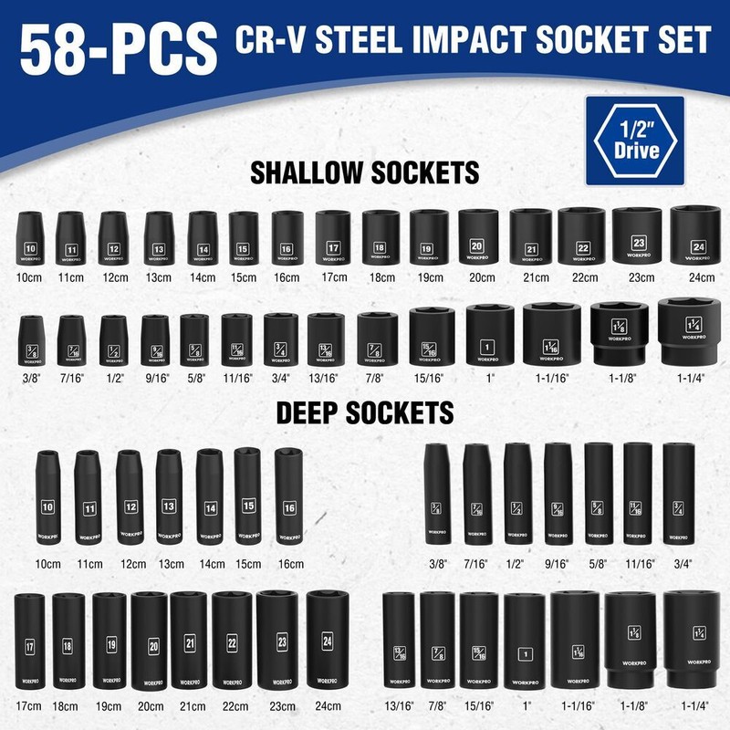 WORKPRO 65PC 1/2” Drive Impact Socket Sets 3/8"-1-1/4" 10-24mm Deep Shallow Kits gallery